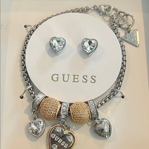 Guess Silver and Gold Heart Charm Bracelet with Earrings